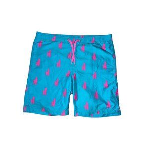Johnnie O Swim Trunks Mens M Blue All Over Print Logo Lined Shorts Beach Surf